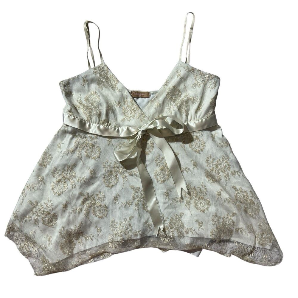 FOREVER 21 SEXY SPAGHETTI IVORY LACE GOLD FLAKE SUMMER CLUB PARTY BABYDOLL TOP S